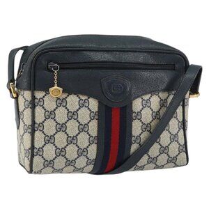 Authentic GUCCI GG Supreme Sherry Line Shoulder Bag PVC Navy Gold Red
